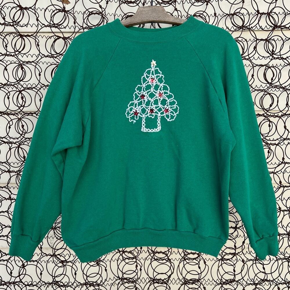 Vintage Ugly Christmas granny sweatshirt crochet Christmas tree LARGE